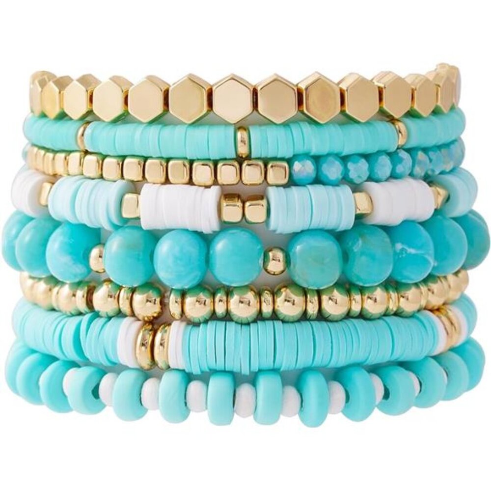 Surfer Heishi Clay Bead Bracelets for Women Bohemian Stackable Gold Soft Green